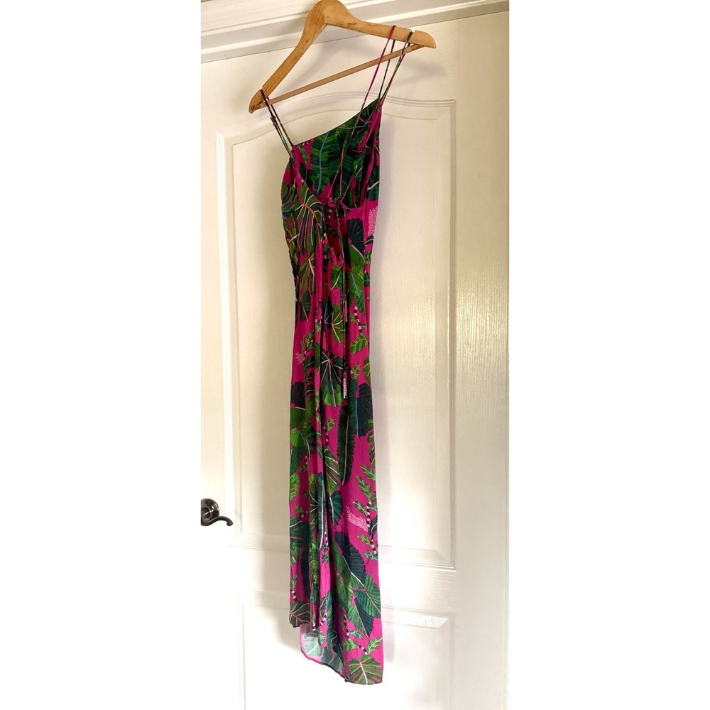 Farm Rio Leaves Pink Midi Dress XS Strappy Ruched Front Slit Tropical Print - Picture 11 of 16